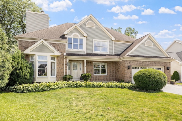 1304 Sheffield Ct, Carol Stream, IL 60188 - view of front of home featuring brick siding, a chimney, a front lawn, a garage, and a shingled roof