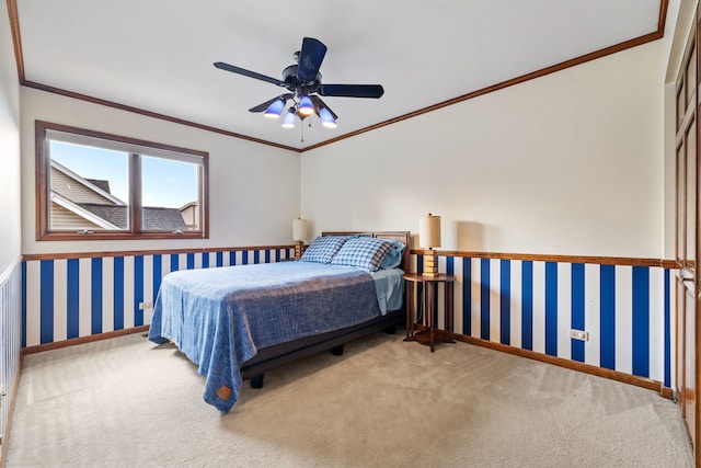 1304 Sheffield Ct, Carol Stream, IL 60188 - carpeted bedroom featuring crown molding, ceiling fan, and wallpapered walls