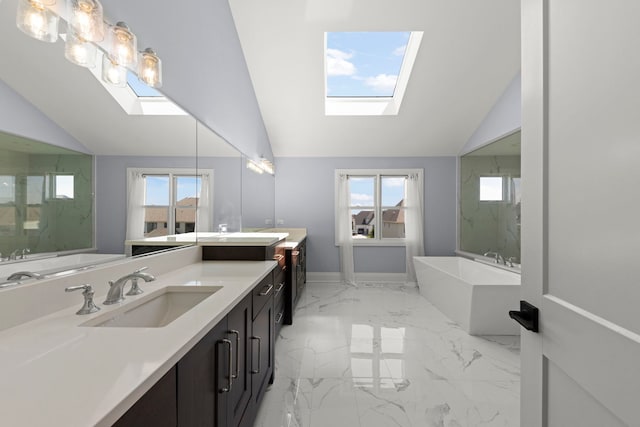 4216 Carpenter Rd, Naperville, IL 60564 - bathroom with a skylight, a freestanding tub, double vanity, vaulted ceiling, and plenty of natural light