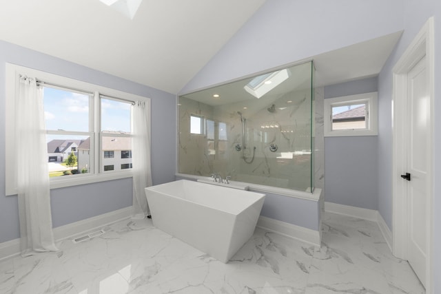 4216 Carpenter Rd, Naperville, IL 60564 - bathroom featuring a skylight, a marble finish shower, a soaking tub, marble look tiles, and lofted ceiling