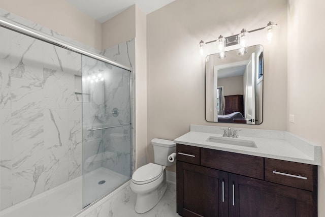 4216 Carpenter Rd, Naperville, IL 60564 - full bath with marble look tile flooring, a marble finish shower, vanity, and ensuite bathroom