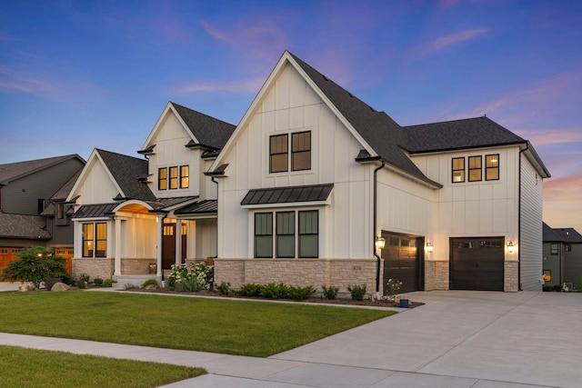 4216 Carpenter Rd, Naperville, IL 60564 - modern farmhouse featuring a garage, driveway, board and batten siding, a standing seam roof, and stone siding