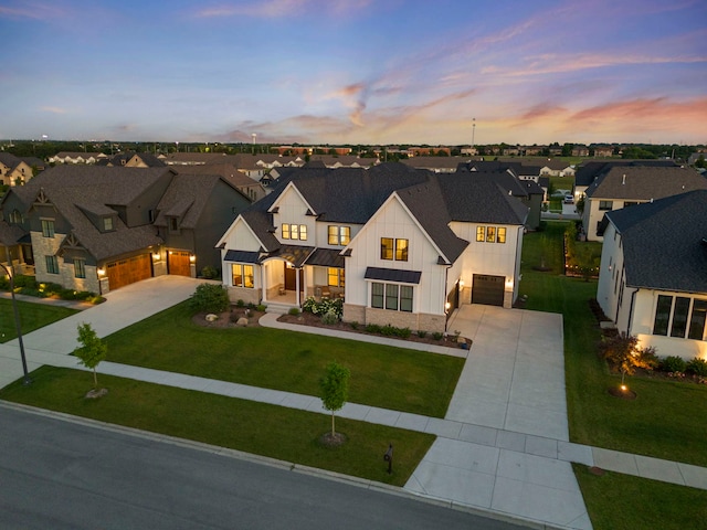 4216 Carpenter Rd, Naperville, IL 60564 - modern inspired farmhouse with board and batten siding, concrete driveway, a residential view, and a lawn