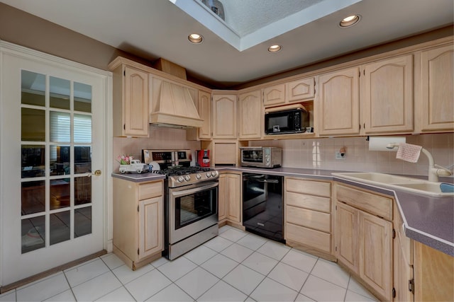 1213 Rose Ct, Bartlett, IL 60103 - kitchen with black appliances, light brown cabinetry, custom exhaust hood, and recessed lighting