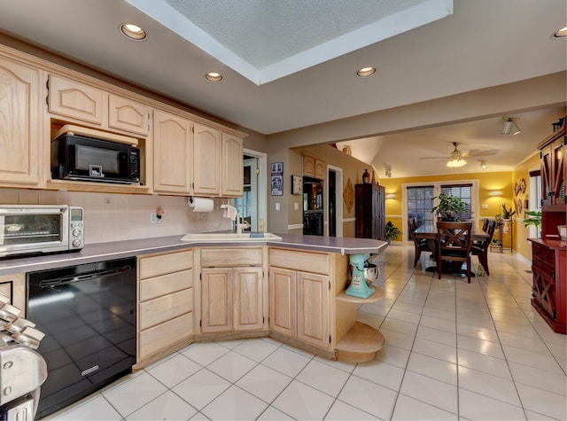 1213 Rose Ct, Bartlett, IL 60103 - kitchen featuring black appliances, light brown cabinetry, a peninsula, recessed lighting, and light tile patterned floors
