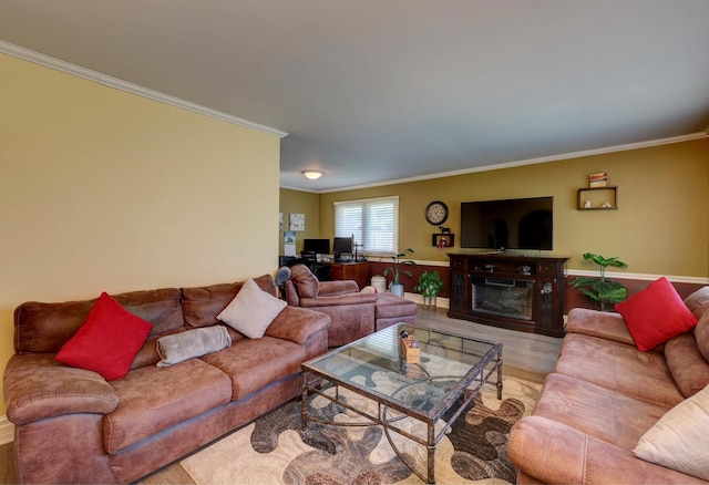 1213 Rose Ct, Bartlett, IL 60103 - living room with crown molding, wood finished floors, and a glass covered fireplace