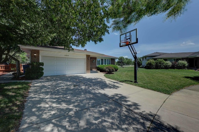 1213 Rose Ct, Bartlett, IL 60103 - ranch-style home featuring brick siding, concrete driveway, a garage, and a front yard