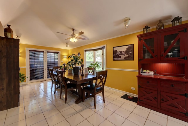 1213 Rose Ct, Bartlett, IL 60103 - dining space with ceiling fan, light tile patterned floors, and crown molding