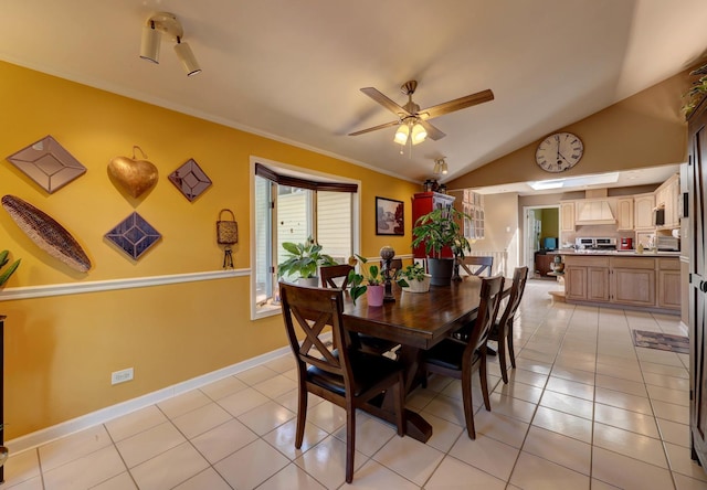 1213 Rose Ct, Bartlett, IL 60103 - dining space featuring ceiling fan, lofted ceiling, light tile patterned floors, and ornamental molding