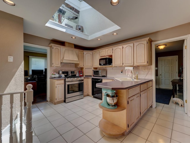 1213 Rose Ct, Bartlett, IL 60103 - kitchen featuring black appliances, light brown cabinets, custom range hood, open shelves, and light tile patterned floors