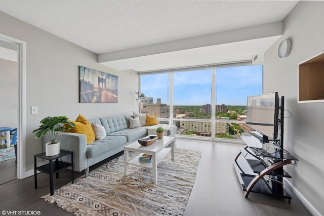 800 Elgin Rd Unit 1406, Evanston, IL 60201 - living area featuring wood finished floors, a textured ceiling, and a wall of windows