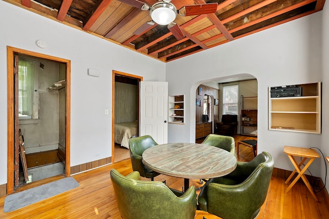 2421 W 21st Pl, Chicago, IL 60608 - dining area featuring arched walkways, a ceiling fan, hardwood / wood-style flooring, and wooden ceiling
