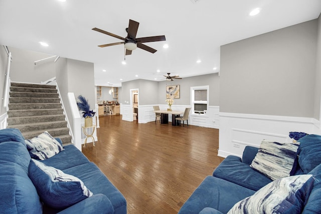 1028 N Lavergne Ave, Chicago, IL 60651 - living area featuring ceiling fan, stairs, wood finished floors, recessed lighting, and wainscoting