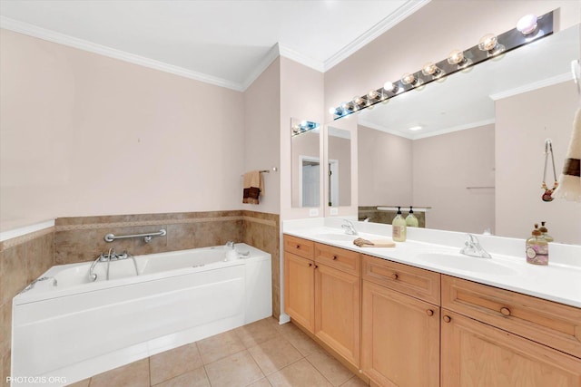 640 Mchenry Rd Unit 106, Wheeling, IL 60090 - bathroom featuring double vanity, a bath, tile patterned flooring, and crown molding