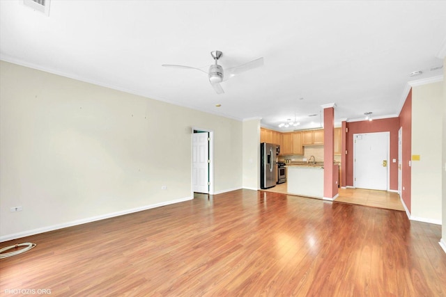 640 Mchenry Rd Unit 106, Wheeling, IL 60090 - unfurnished living room with crown molding, light wood finished floors, and ceiling fan