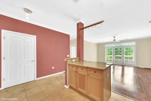 640 Mchenry Rd Unit 106, Wheeling, IL 60090 - kitchen with ceiling fan, open floor plan, crown molding, and light stone counters
