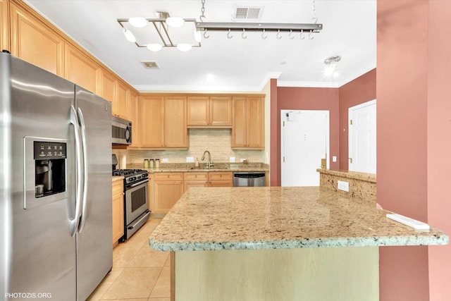 640 Mchenry Rd Unit 106, Wheeling, IL 60090 - kitchen featuring appliances with stainless steel finishes, light brown cabinetry, crown molding, light tile patterned floors, and backsplash