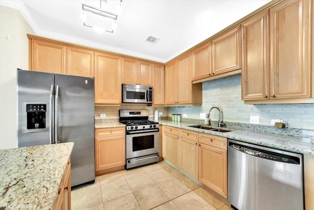 640 Mchenry Rd Unit 106, Wheeling, IL 60090 - kitchen featuring stainless steel appliances, light tile patterned floors, ornamental molding, backsplash, and light brown cabinets