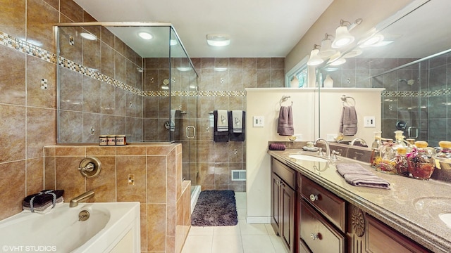 1502 S Fernandez Ave, Arlington Heights, IL 60005 - full bathroom featuring a stall shower, a garden tub, double vanity, and tile patterned floors