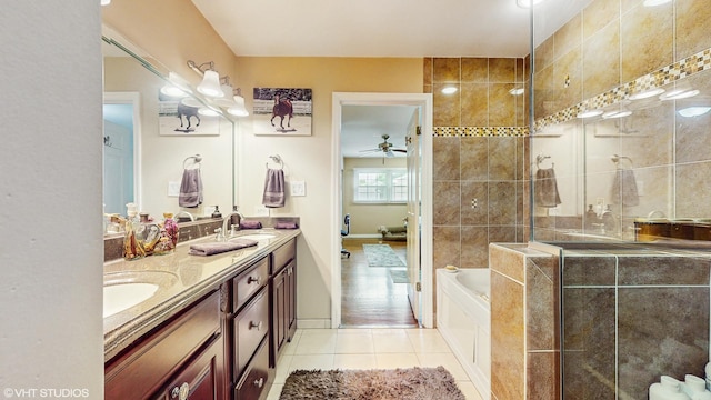 1502 S Fernandez Ave, Arlington Heights, IL 60005 - bathroom with double vanity, a bath, tile patterned flooring, a tile shower, and ceiling fan