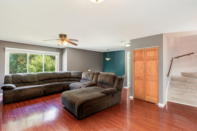 392 Park Ridge Ln Unit B, Aurora, IL 60504 - living area featuring wood finished floors, a ceiling fan, and stairs