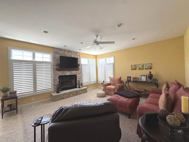 2305 Fox Run Dr, Kankakee, IL 60901 - living room with ceiling fan, a fireplace, carpet flooring, and recessed lighting