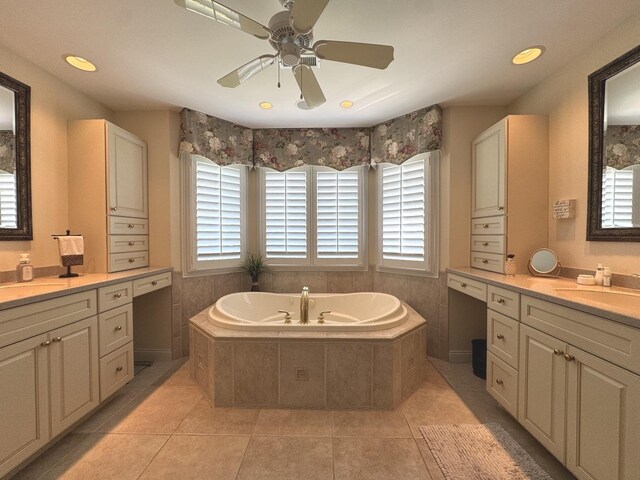 2305 Fox Run Dr, Kankakee, IL 60901 - bathroom with plenty of natural light, a ceiling fan, a garden tub, two vanities, and recessed lighting