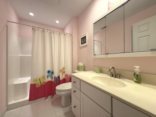 2305 Fox Run Dr, Kankakee, IL 60901 - bathroom featuring tile patterned floors, vanity, a shower with shower curtain, and recessed lighting