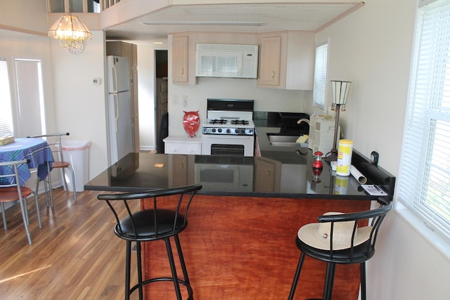 183 Fossil Cove Ct, Wilmington, IL 60481 - kitchen with white appliances, a peninsula, wood finished floors, and a kitchen bar