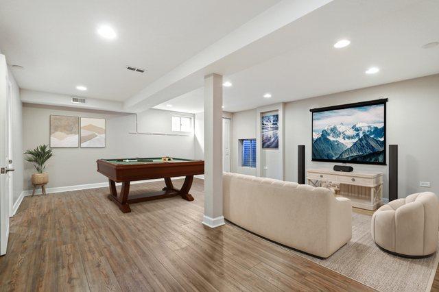 12133 Black Pine Trl, Homer Glen, IL 60491 - playroom with wood finished floors, billiards table, and recessed lighting