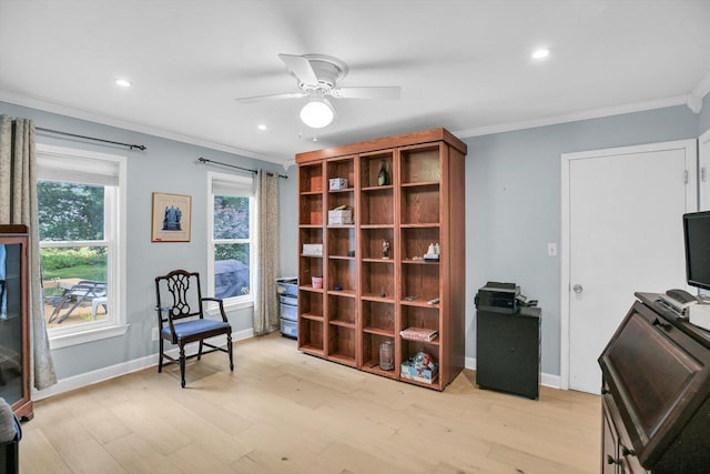 201 E Sherwin Dr, Urbana, IL 61802 - living area featuring ornamental molding, a ceiling fan, light wood finished floors, and recessed lighting