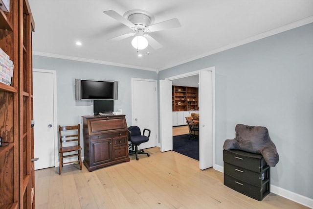 201 E Sherwin Dr, Urbana, IL 61802 - home office with a ceiling fan, ornamental molding, light wood-style floors, and recessed lighting