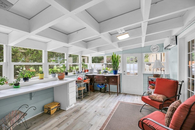 201 E Sherwin Dr, Urbana, IL 61802 - sunroom featuring hardwood / wood-style flooring, an AC wall unit, coffered ceiling, a deck, and beamed ceiling