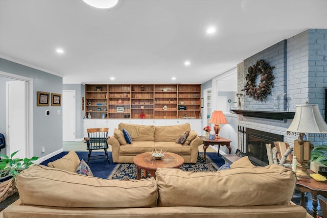 201 E Sherwin Dr, Urbana, IL 61802 - living area featuring recessed lighting, crown molding, a brick fireplace, and built in shelves