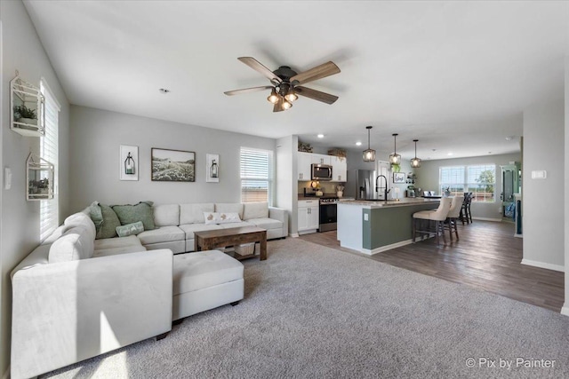 864 Briar Glen Ct, Hampshire, IL 60140 - living area featuring a ceiling fan, carpet floors, wood finished floors, and recessed lighting