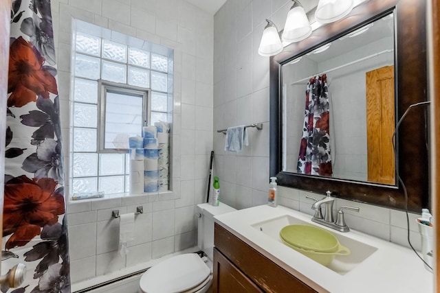 1336 Cuyler Ave, Berwyn, IL 60402 - full bathroom featuring tile walls, vanity, decorative backsplash, a shower with curtain, and a baseboard heating unit