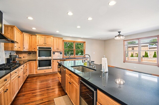 30 S Slusser St, Grayslake, IL 60030 - kitchen featuring stainless steel appliances, wine cooler, wall chimney exhaust hood, recessed lighting, and dark wood finished floors