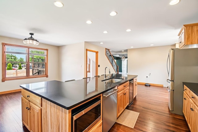 30 S Slusser St, Grayslake, IL 60030 - kitchen featuring appliances with stainless steel finishes, wine cooler, dark countertops, dark wood-type flooring, and recessed lighting
