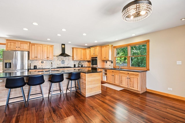 30 S Slusser St, Grayslake, IL 60030 - kitchen featuring stainless steel appliances, wall chimney range hood, dark countertops, dark wood finished floors, and recessed lighting