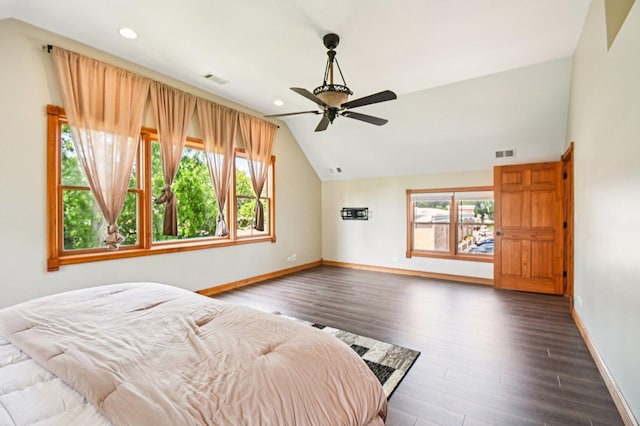 30 S Slusser St, Grayslake, IL 60030 - bedroom with multiple windows, vaulted ceiling, wood finished floors, recessed lighting, and ceiling fan