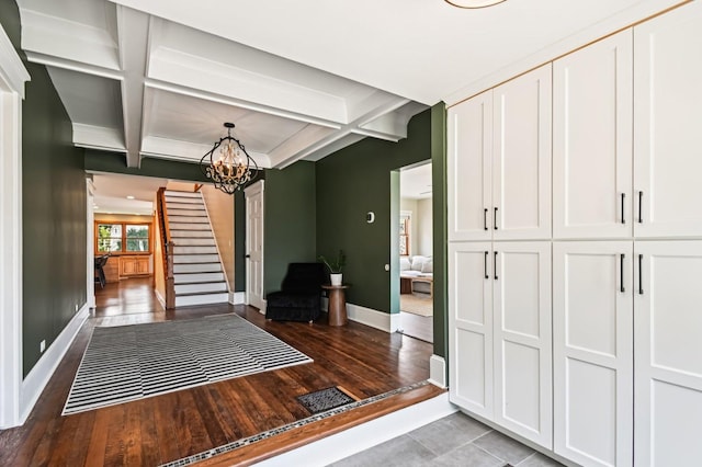 30 S Slusser St, Grayslake, IL 60030 - unfurnished dining area with coffered ceiling, stairway, light wood-type flooring, a chandelier, and beam ceiling