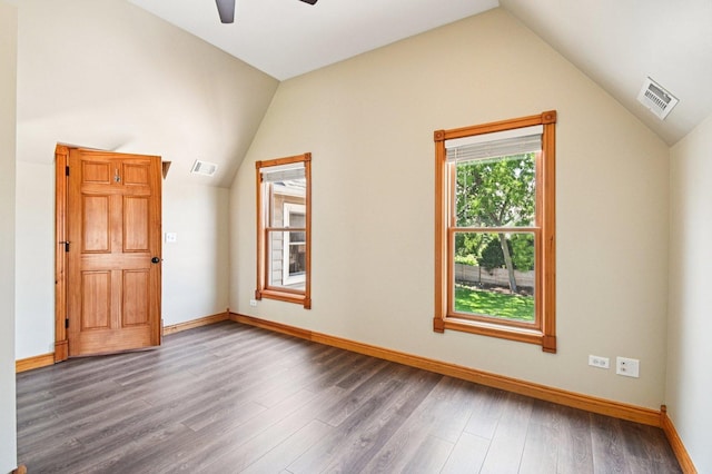 30 S Slusser St, Grayslake, IL 60030 - unfurnished room featuring vaulted ceiling, wood finished floors, and ceiling fan