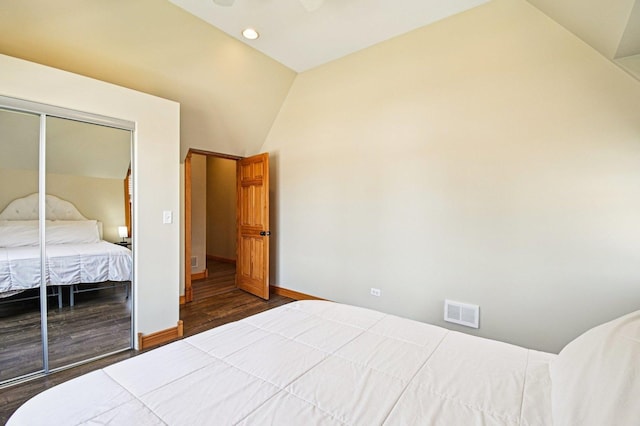 30 S Slusser St, Grayslake, IL 60030 - bedroom featuring vaulted ceiling, dark wood-style flooring, a closet, recessed lighting, and a ceiling fan