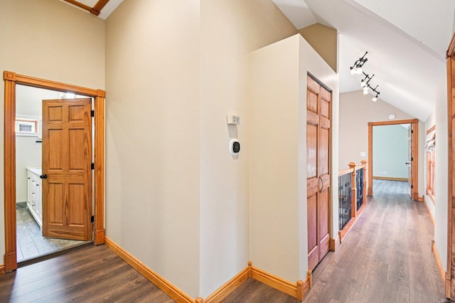 30 S Slusser St, Grayslake, IL 60030 - corridor featuring wood finished floors, vaulted ceiling, and track lighting