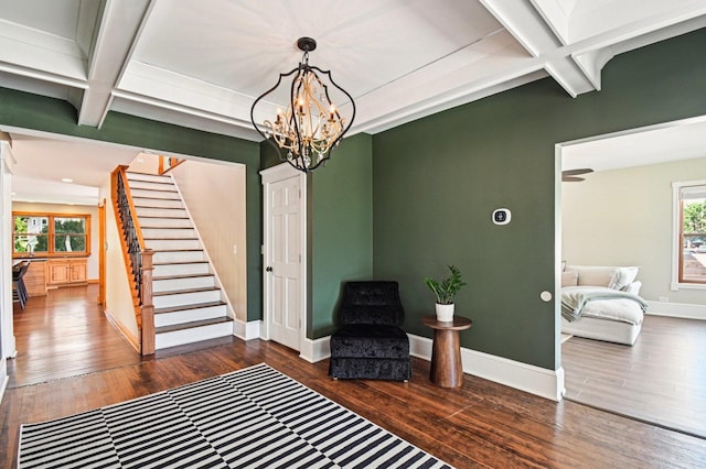 30 S Slusser St, Grayslake, IL 60030 - living area with coffered ceiling, stairway, hardwood / wood-style flooring, a chandelier, and beamed ceiling