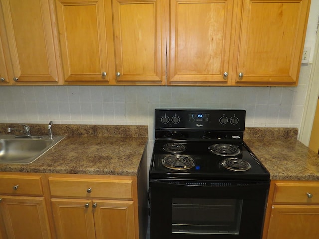 7120 S Eberhart Ave, Chicago, IL 60619 - kitchen featuring black electric range oven, backsplash, and brown cabinets