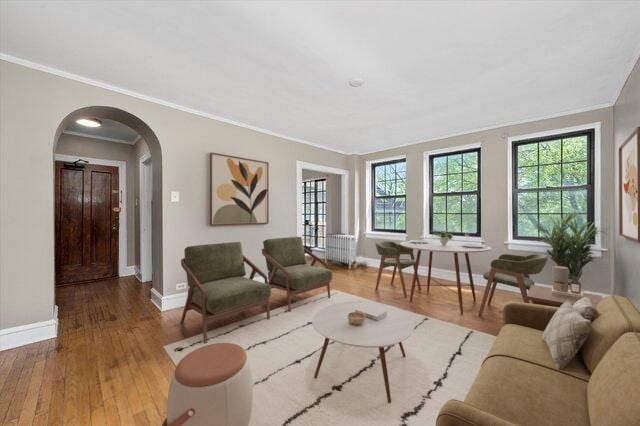 3017 E 78th St Unit 4B, Chicago, IL 60649 - living area featuring arched walkways, ornamental molding, wood finished floors, and radiator