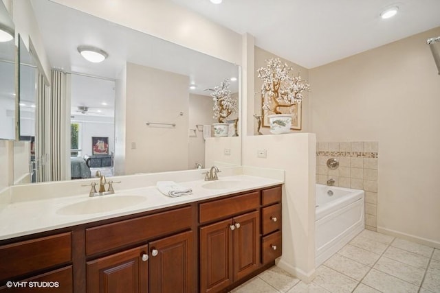 1280 Rudolph Rd Unit 1K, Northbrook, IL 60062 - ensuite bathroom featuring tile patterned floors, double vanity, a garden tub, ceiling fan, and recessed lighting