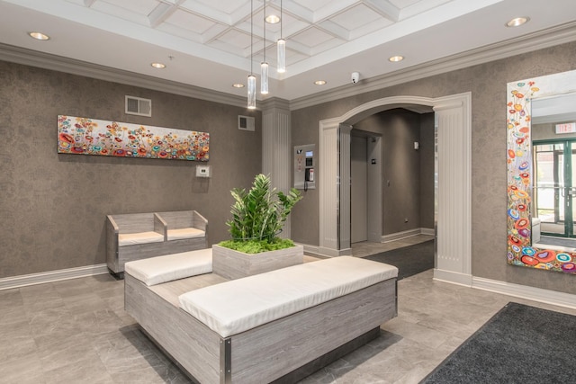 750 Pearson St Unit 904, Des Plaines, IL 60016 - common area with recessed lighting, coffered ceiling, beamed ceiling, a surveillance system, and ornamental molding
