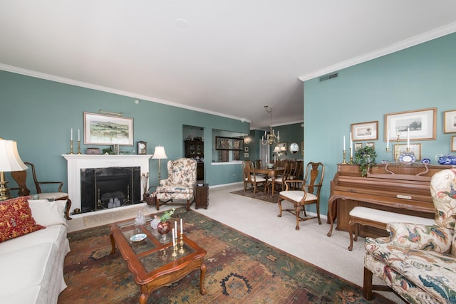 750 Pearson St Unit 904, Des Plaines, IL 60016 - carpeted living room featuring ornamental molding, a premium fireplace, and a chandelier